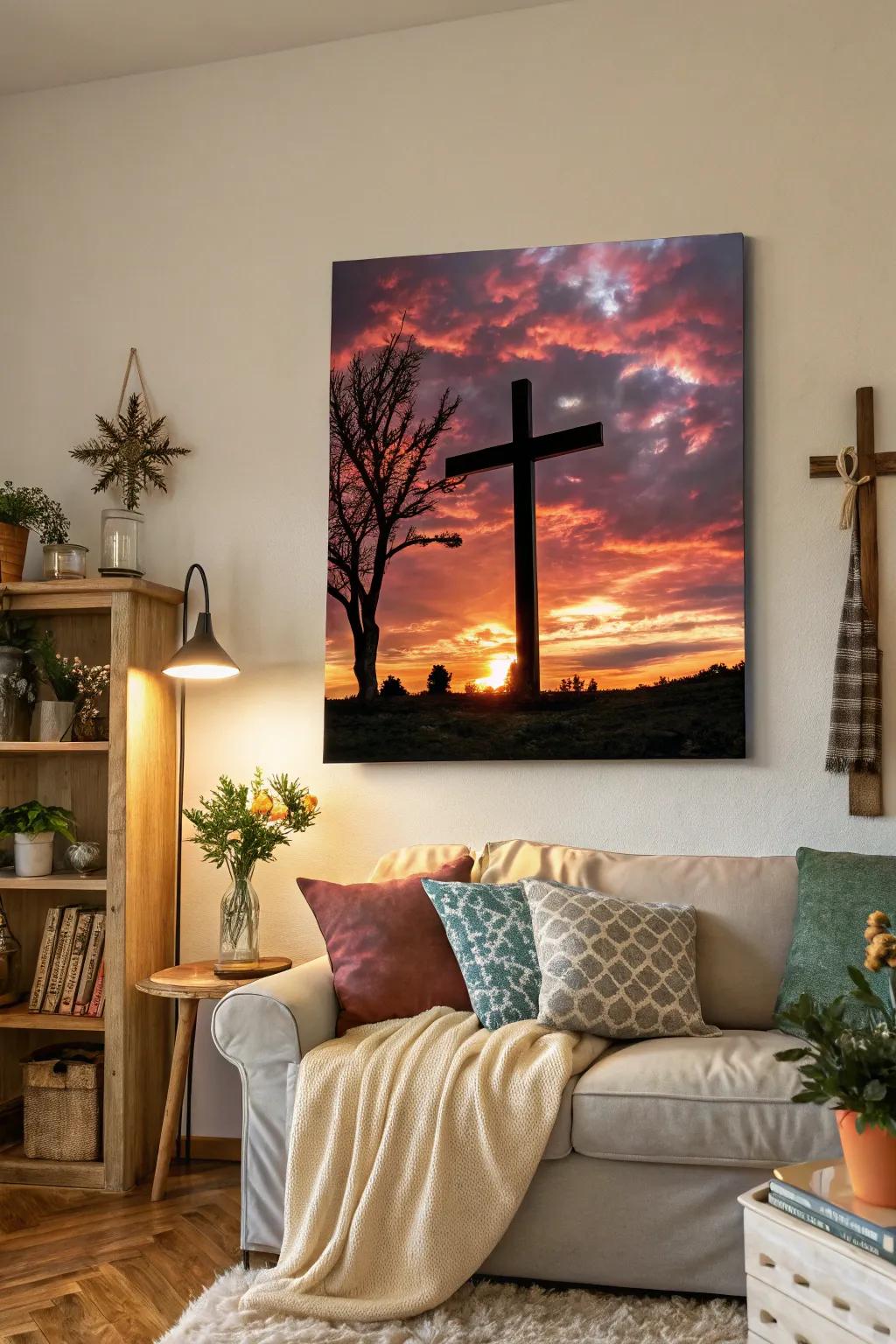 A cross against the backdrop of a sunset brings a sense of faith and warmth to any room.