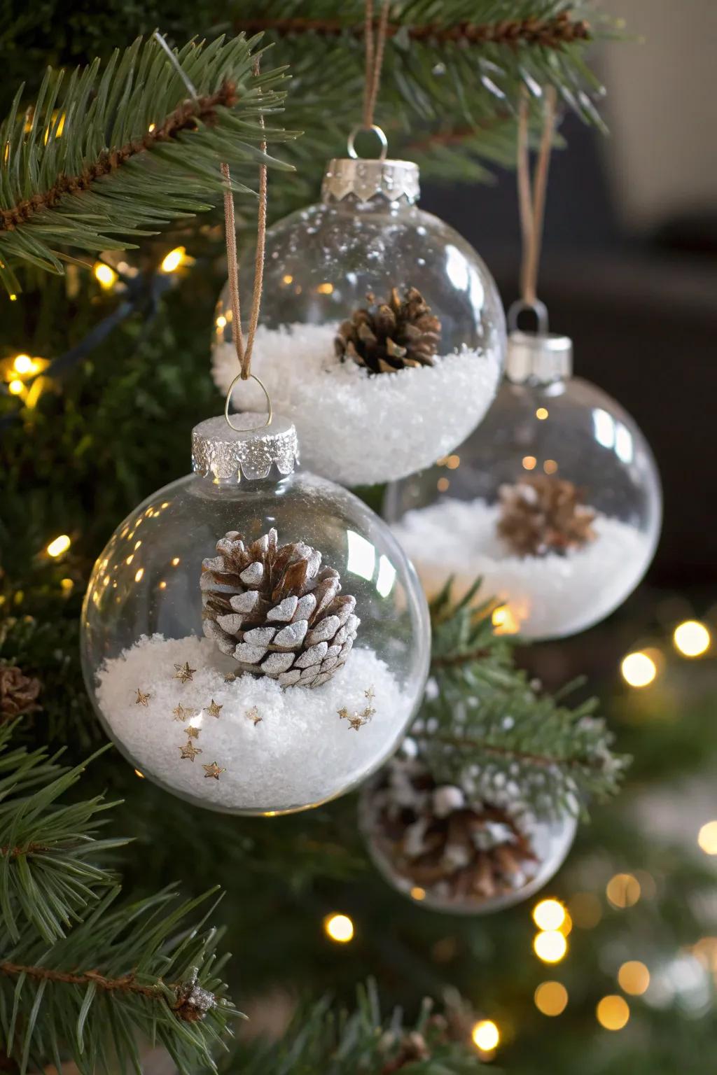 Transparent ornaments brimming with joyful surprises provide an ethereal feel.