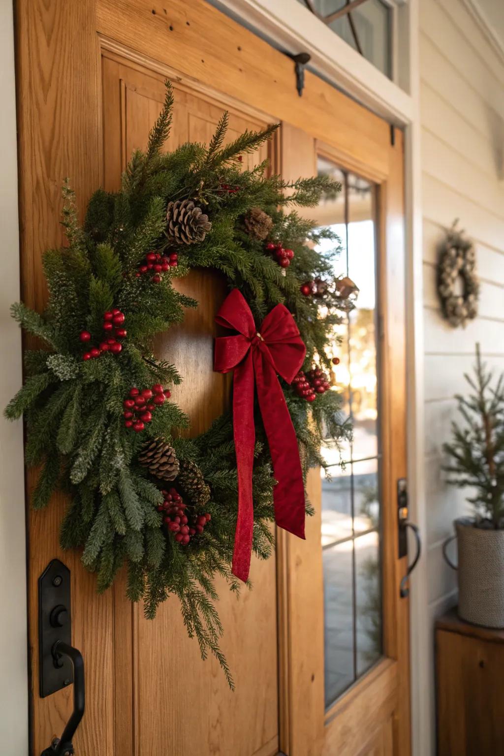 A timeless evergreen wreath with a bold red bow graces this festive door.