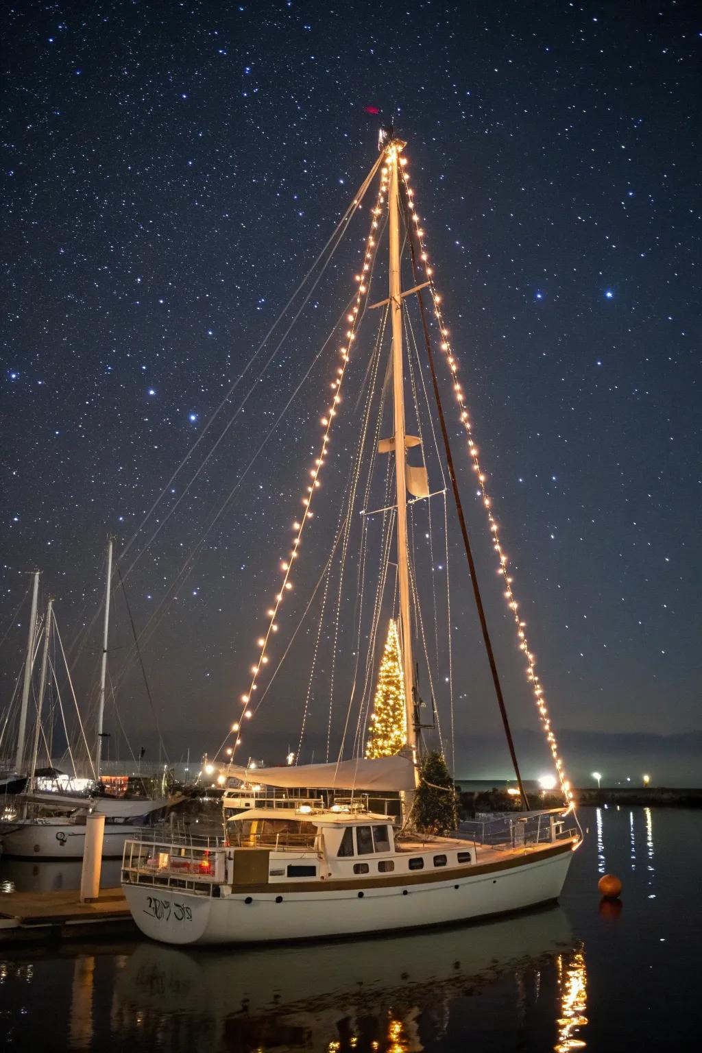 A sailboat mast transformed into a dazzling Christmas tree with twinkling lights.