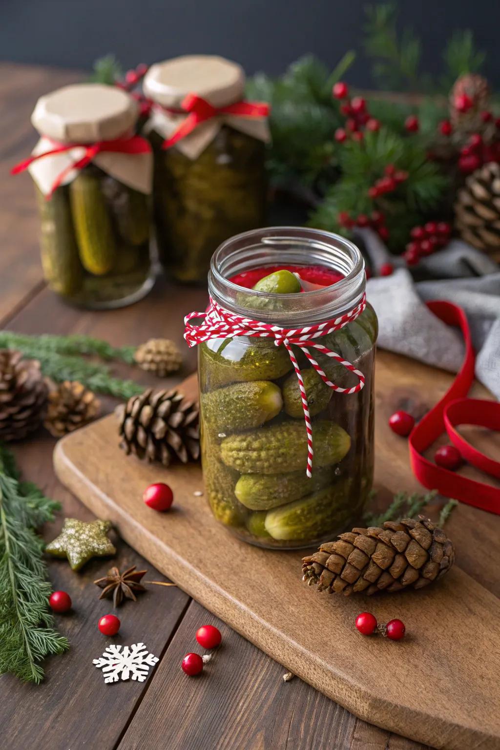 Homemade pickle jars make a charming holiday gift.