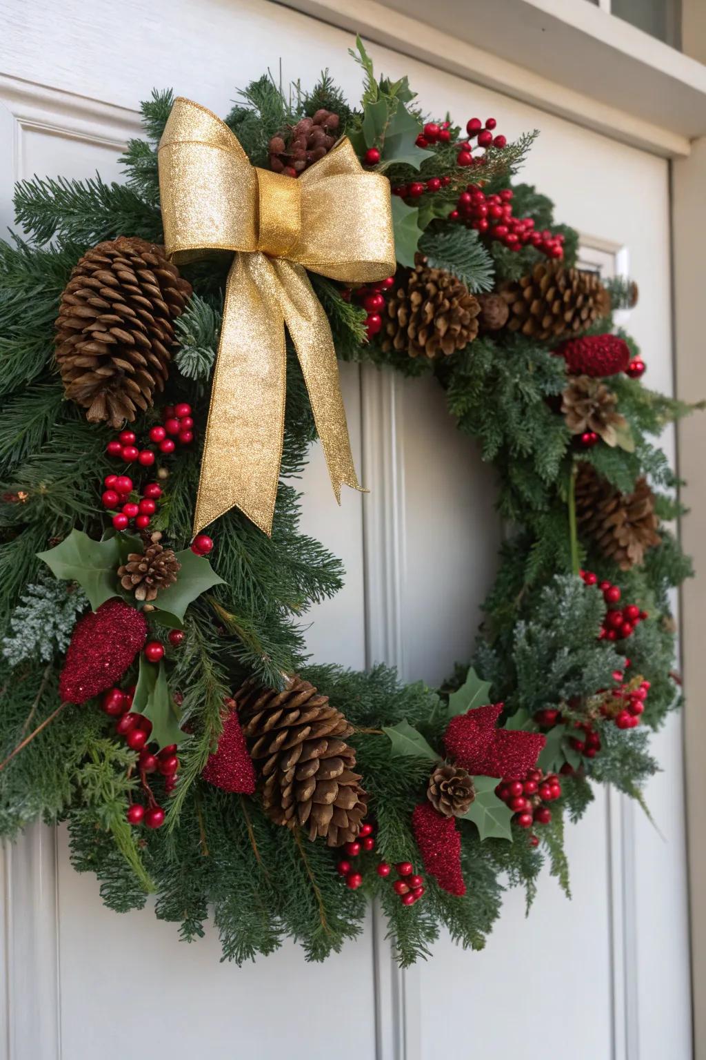 A quintessential crimson and verdant Christmas garland with holly and a gilded bow.