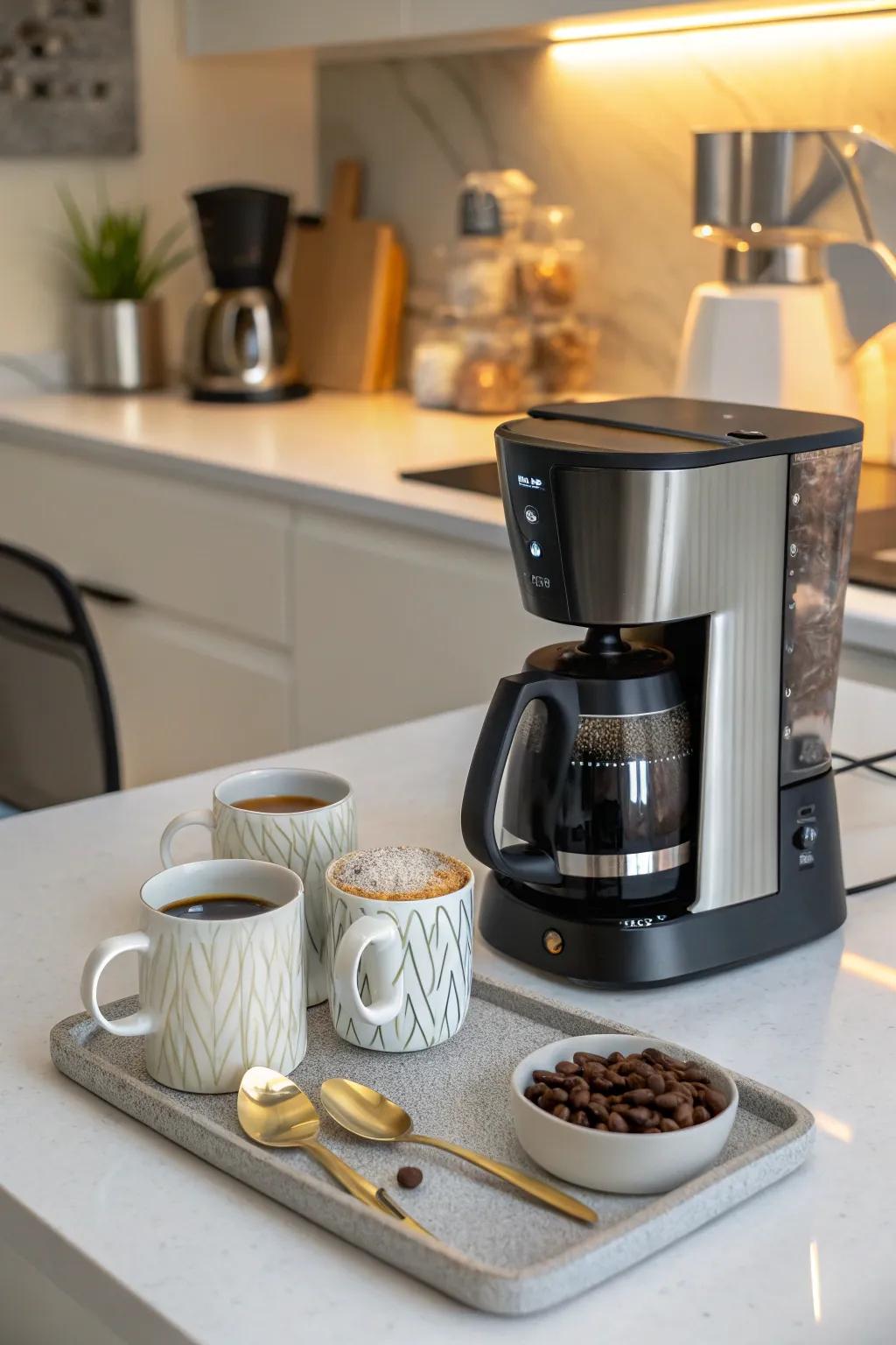 An elegant and well-ordered countertop coffee station.