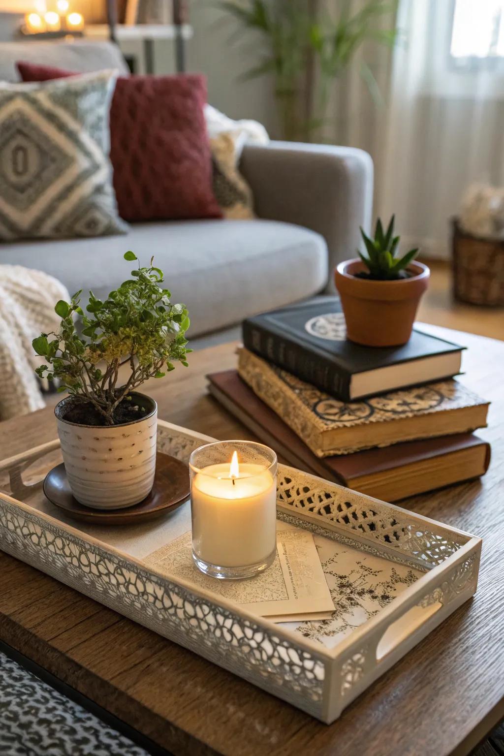 A decorative tray is a stylish tool to keep your coffee table organized.