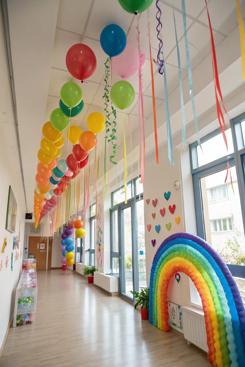 Room adorned with rainbow streamers and balloons.