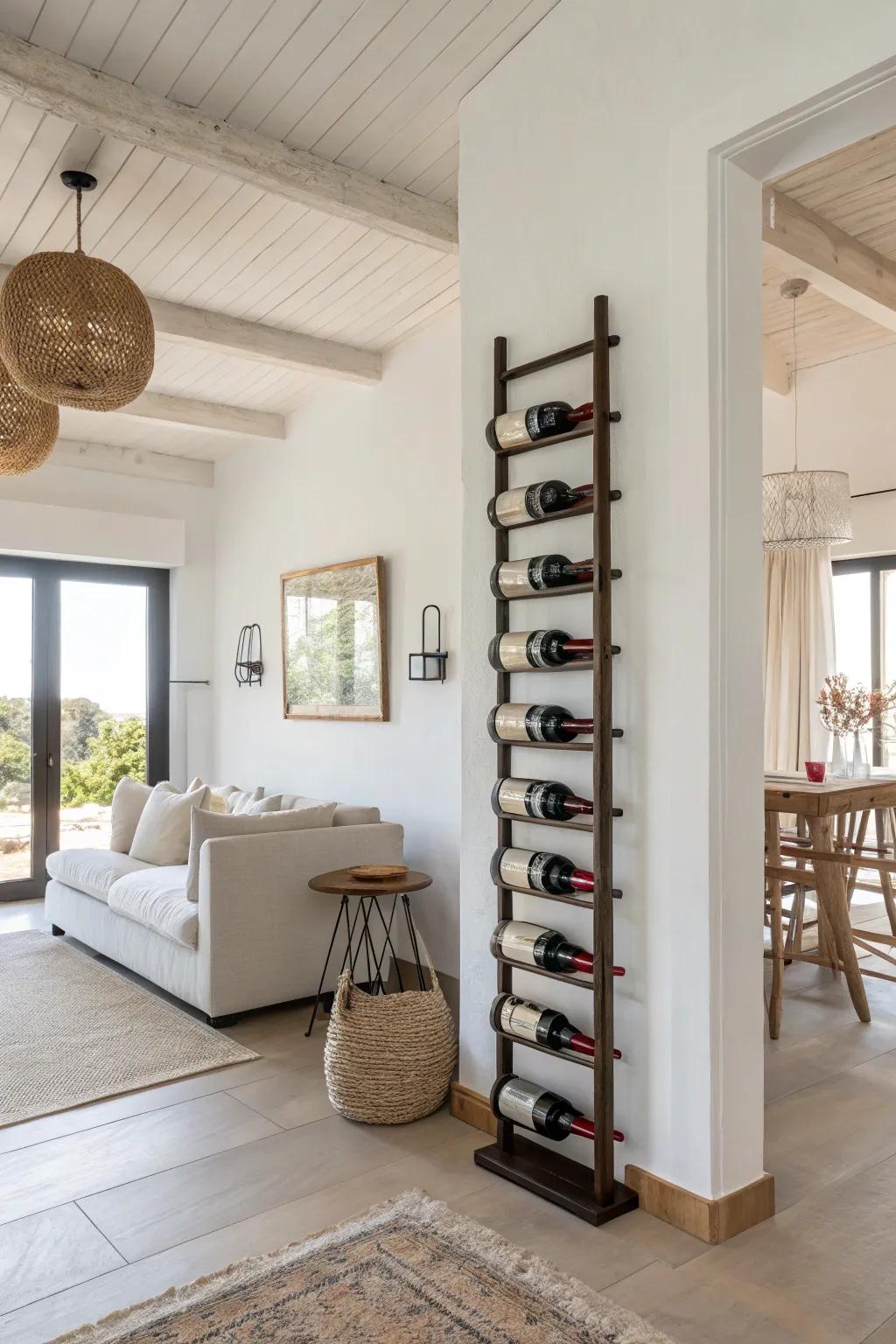 A minimalist wall-mounted wine rack introduces understated elegance.