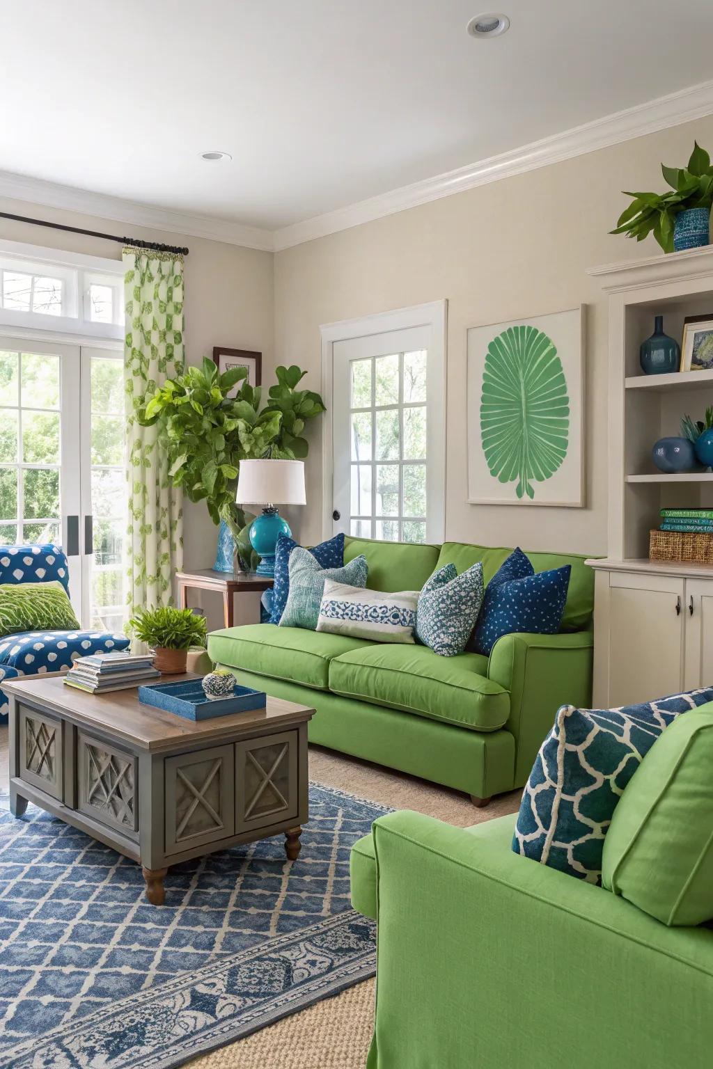 A vibrant living room showcasing a mix of bold and soft colors for a lively atmosphere.