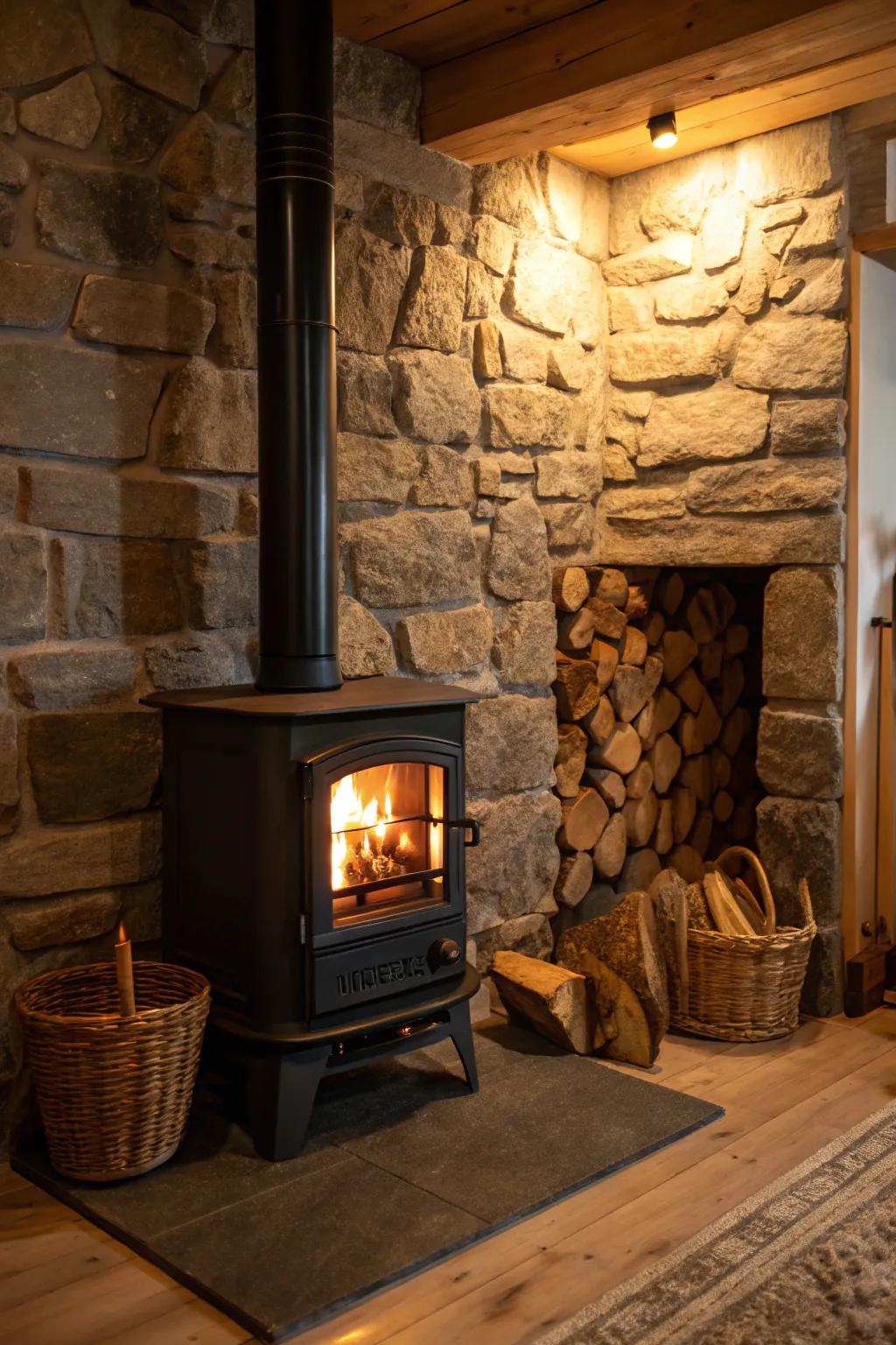 Natural stones create a rustic and cozy atmosphere around your wood burning stove.