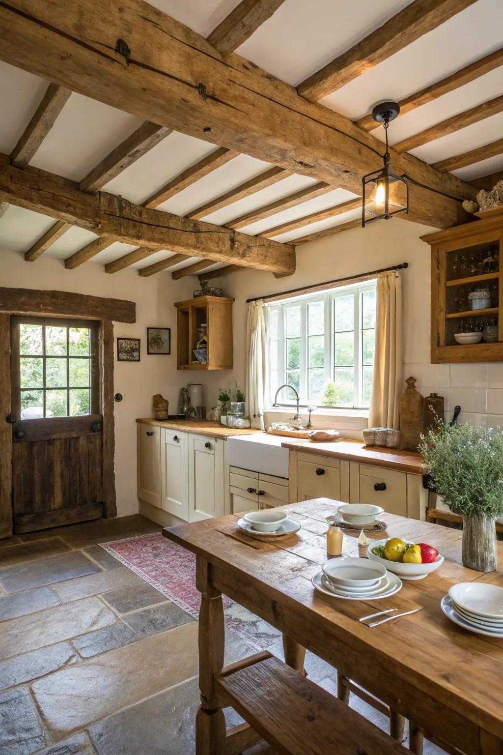 Natural wood beams and a rustic table in a cozy cottage kitchen.