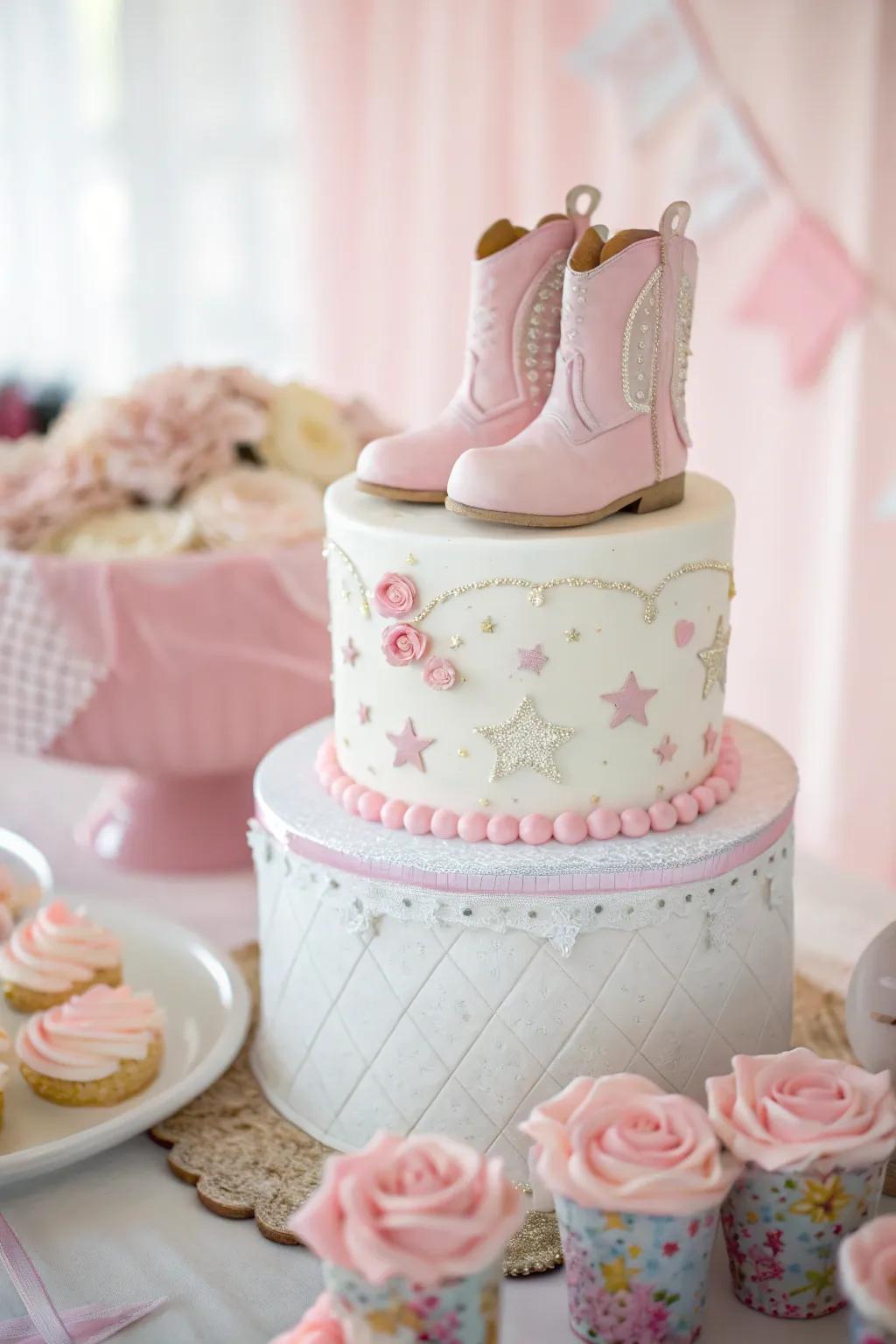 A delightful cake topped with fondant cowgirl boots, perfect for a Western-themed baby shower.