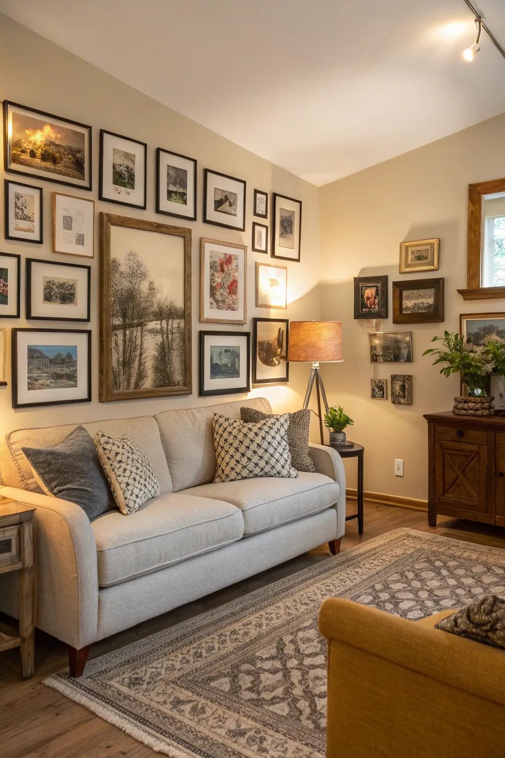 A gallery wall can add warmth and character to any living space.