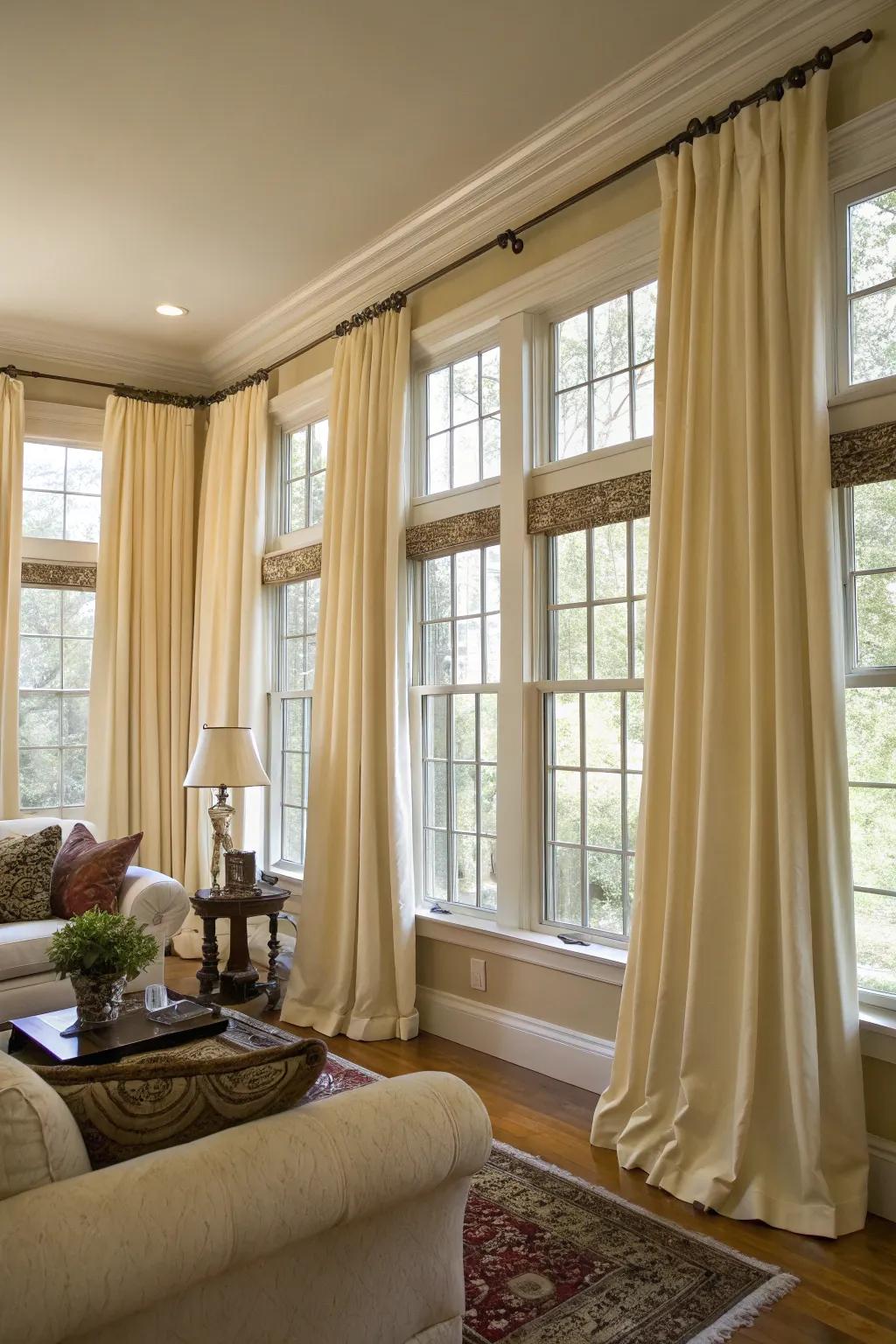 Coordinated curtains create a harmonious and stylish environment in a room with multiple windows.