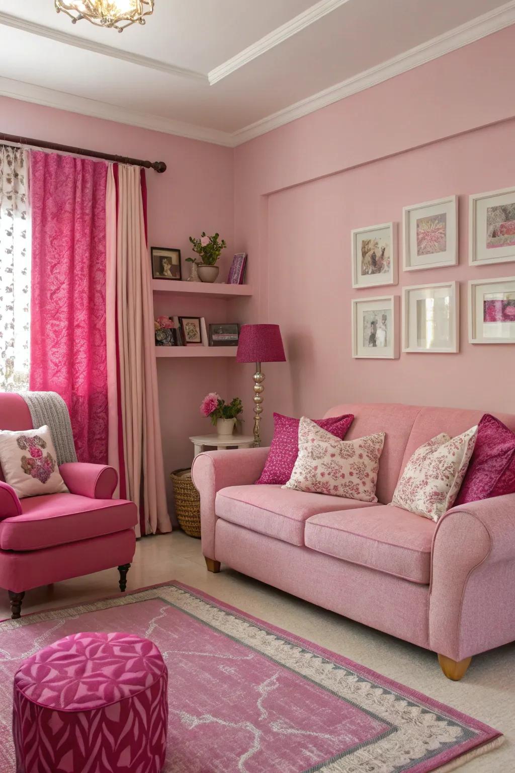 Monochromatic pink palette creates a harmonious and inviting living room.