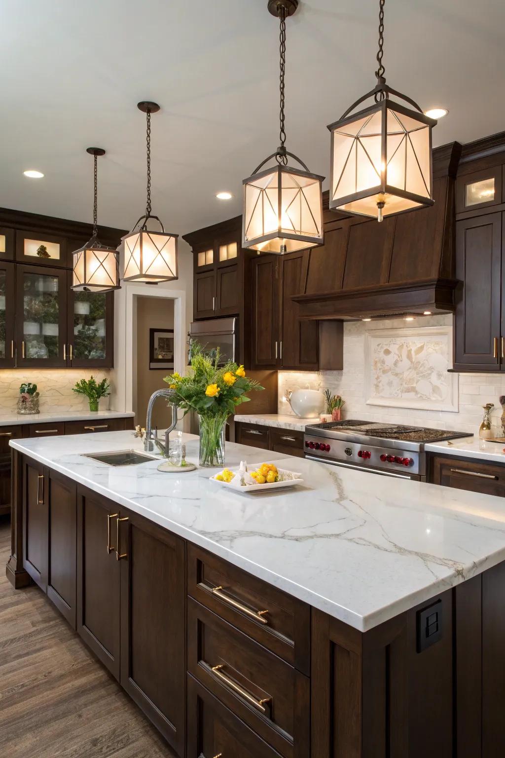 Dark cabinets beautifully contrasted with white marble countertops for a balanced look.