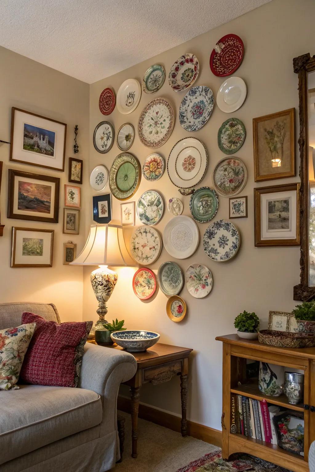 An eclectic mix of vintage and modern plates creates a stunning gallery wall.