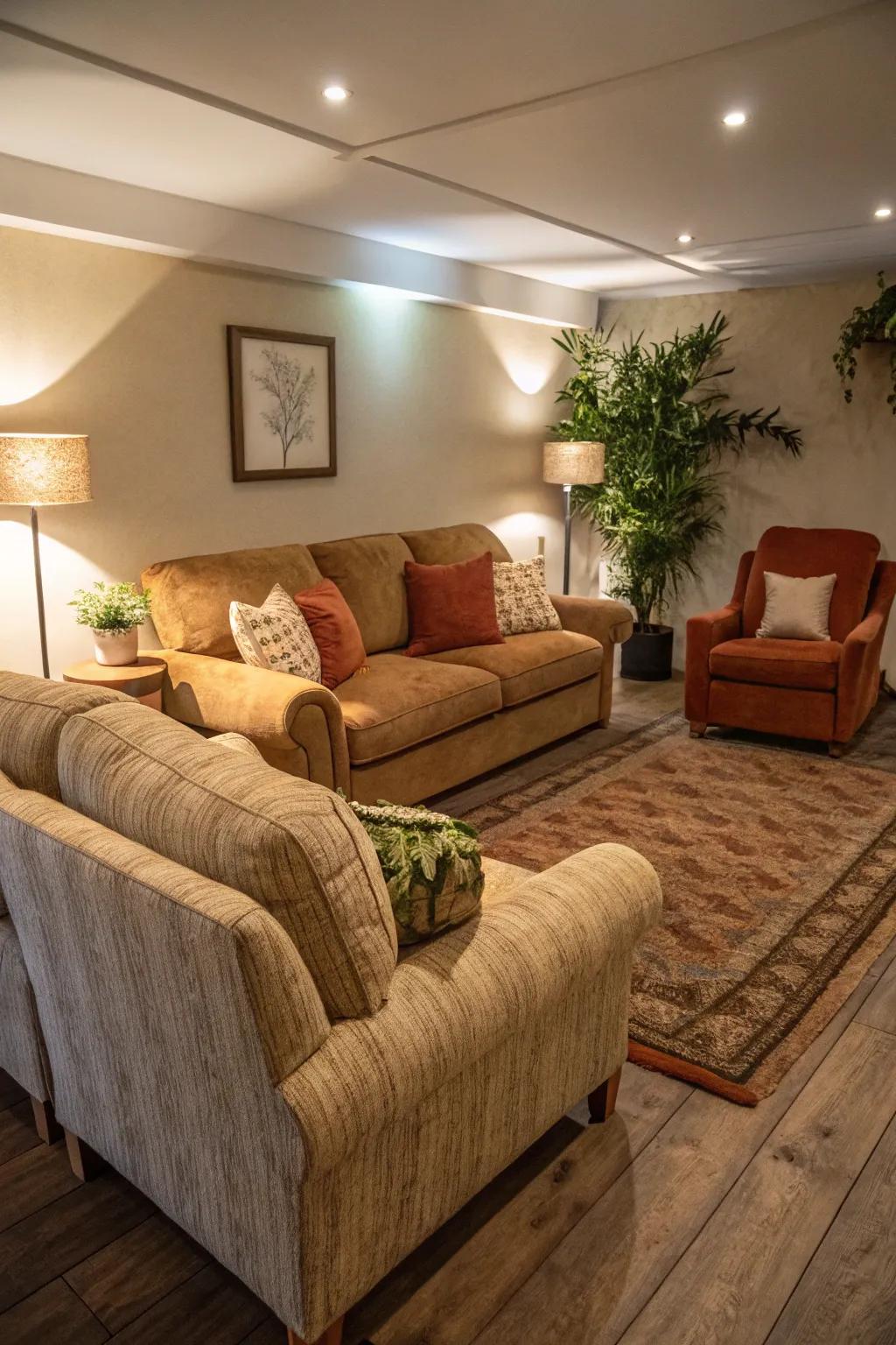 Elegant sectional and armchairs craft a comforting area.