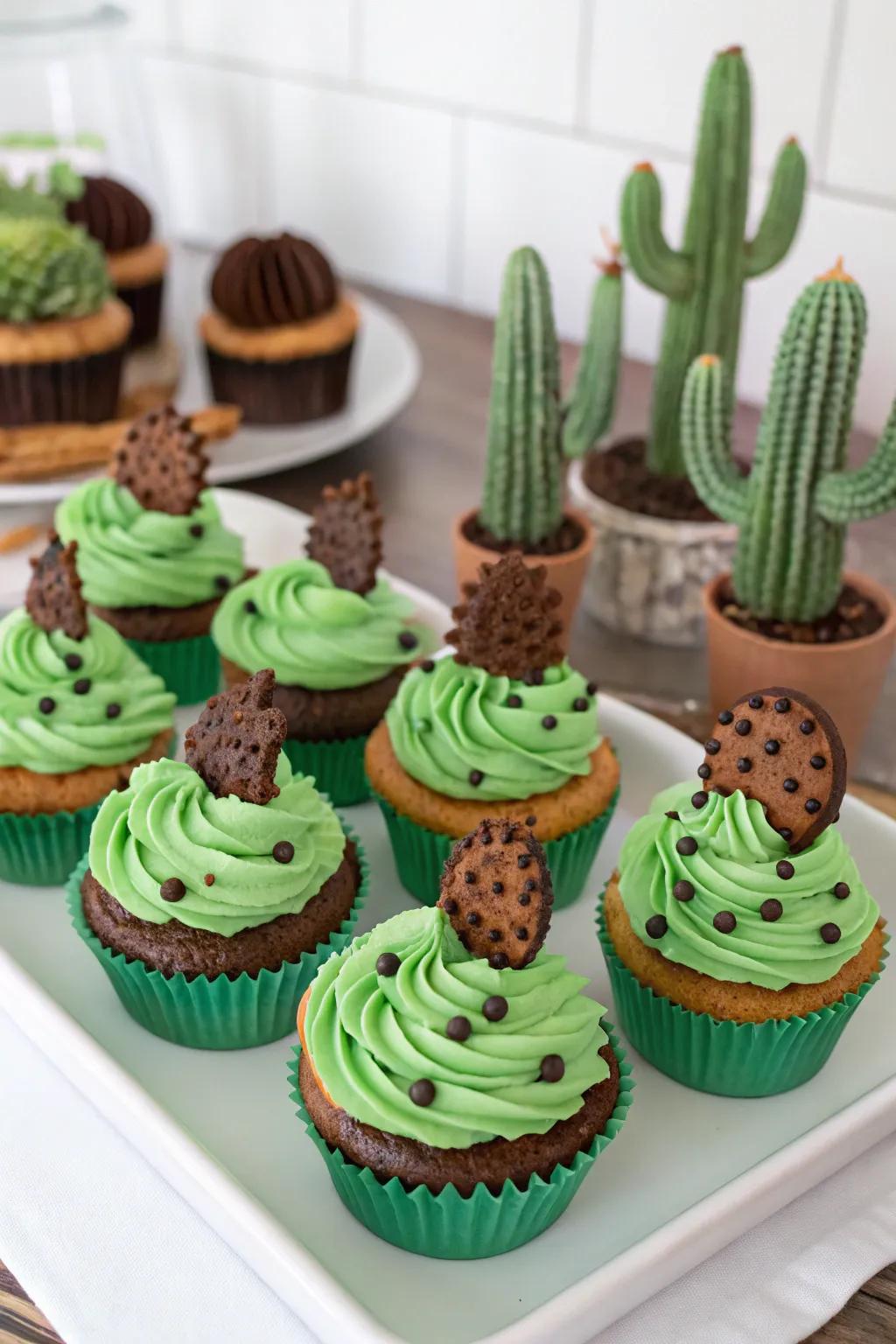 Cactus-themed cupcakes with green frosting and chocolate chip spikes.