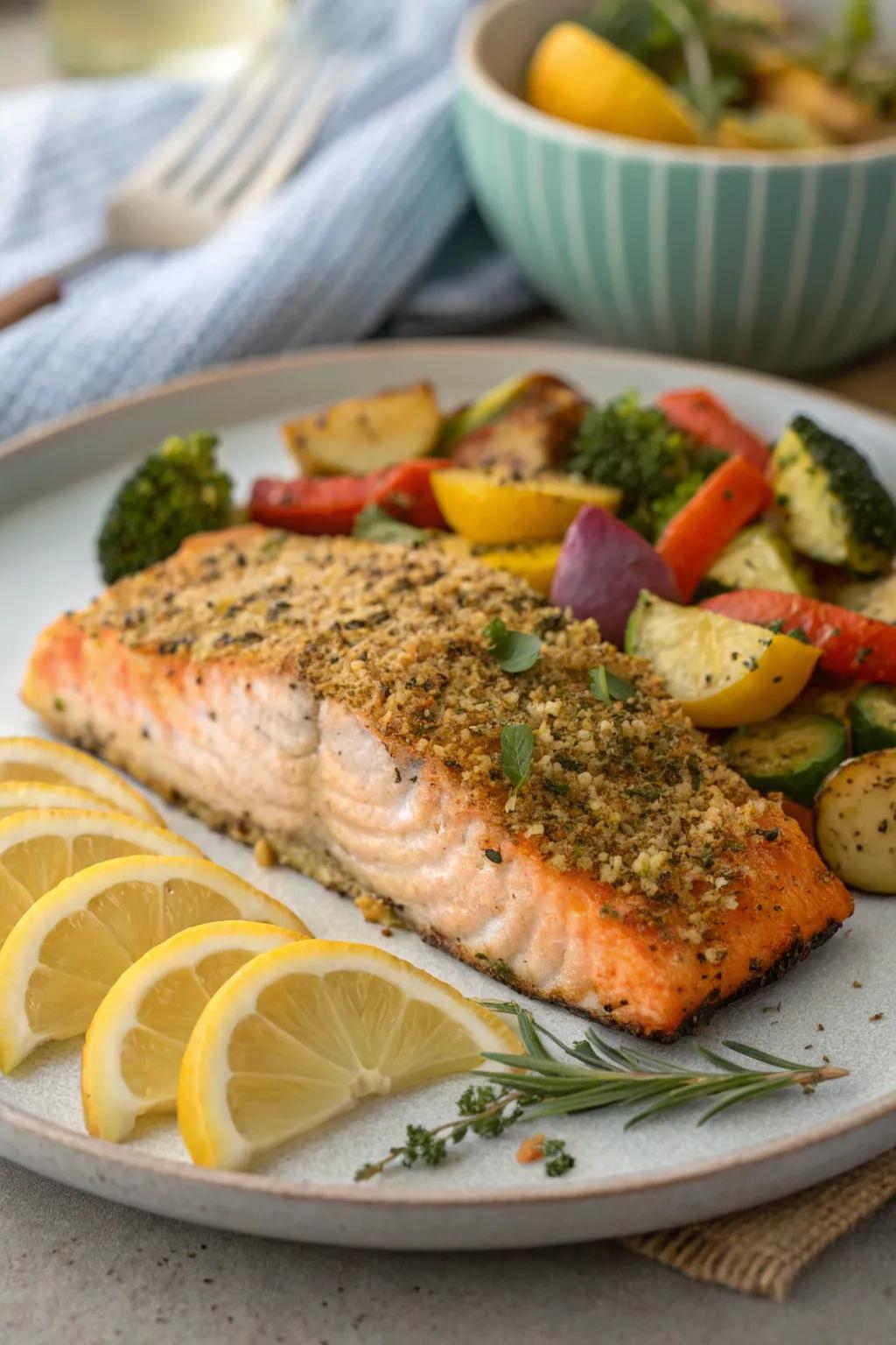 Herb-crusted salmon served with a side of roasted vegetables.