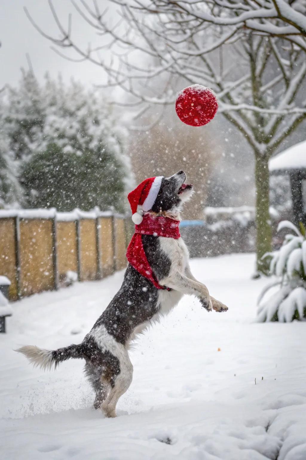 Santa Canine delights in a spirited game of fetch amidst the snow.
