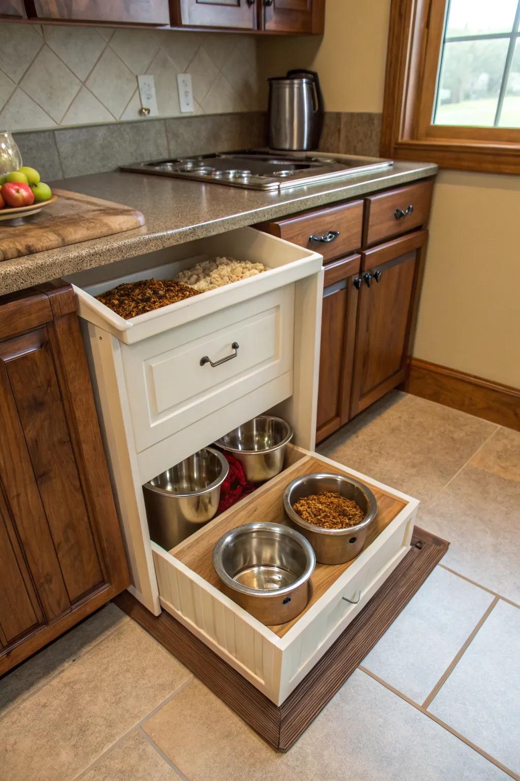 A custom-built dog food station that effortlessly combines storage and feeding in a stylish way.