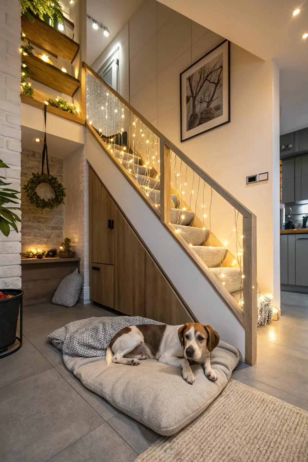 A transformed under-stair space presents a snug dog haven with gentle illumination and plush bedding.