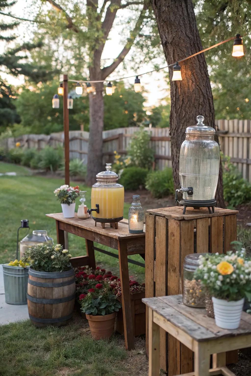 A rustic drink station perfect for a backyard gathering.