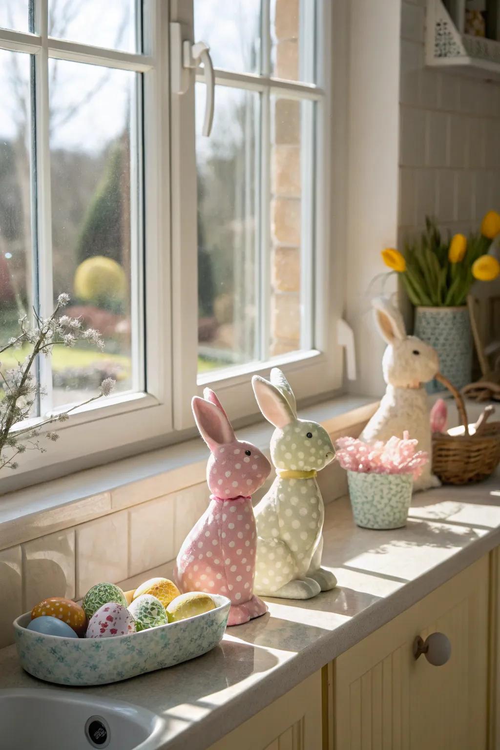 Easter bunny figurines bring a playful accent to the kitchen windowsill.