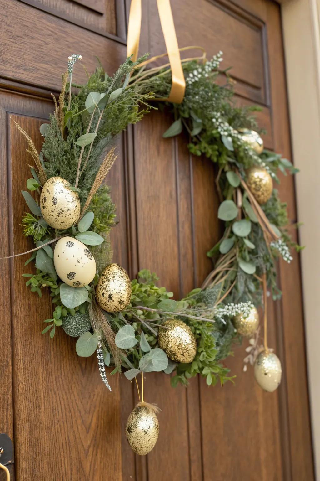 An elegant Easter wreath with gold-speckled eggs, bringing a touch of luxury to your decor.