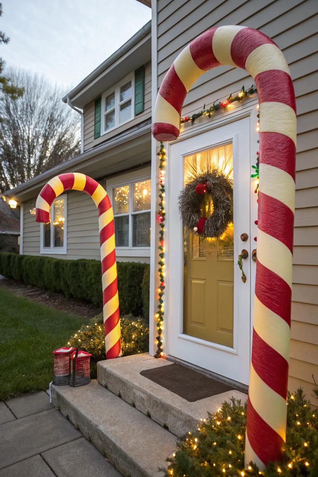 Pool noodles transformed into candy canes make a whimsical door frame.