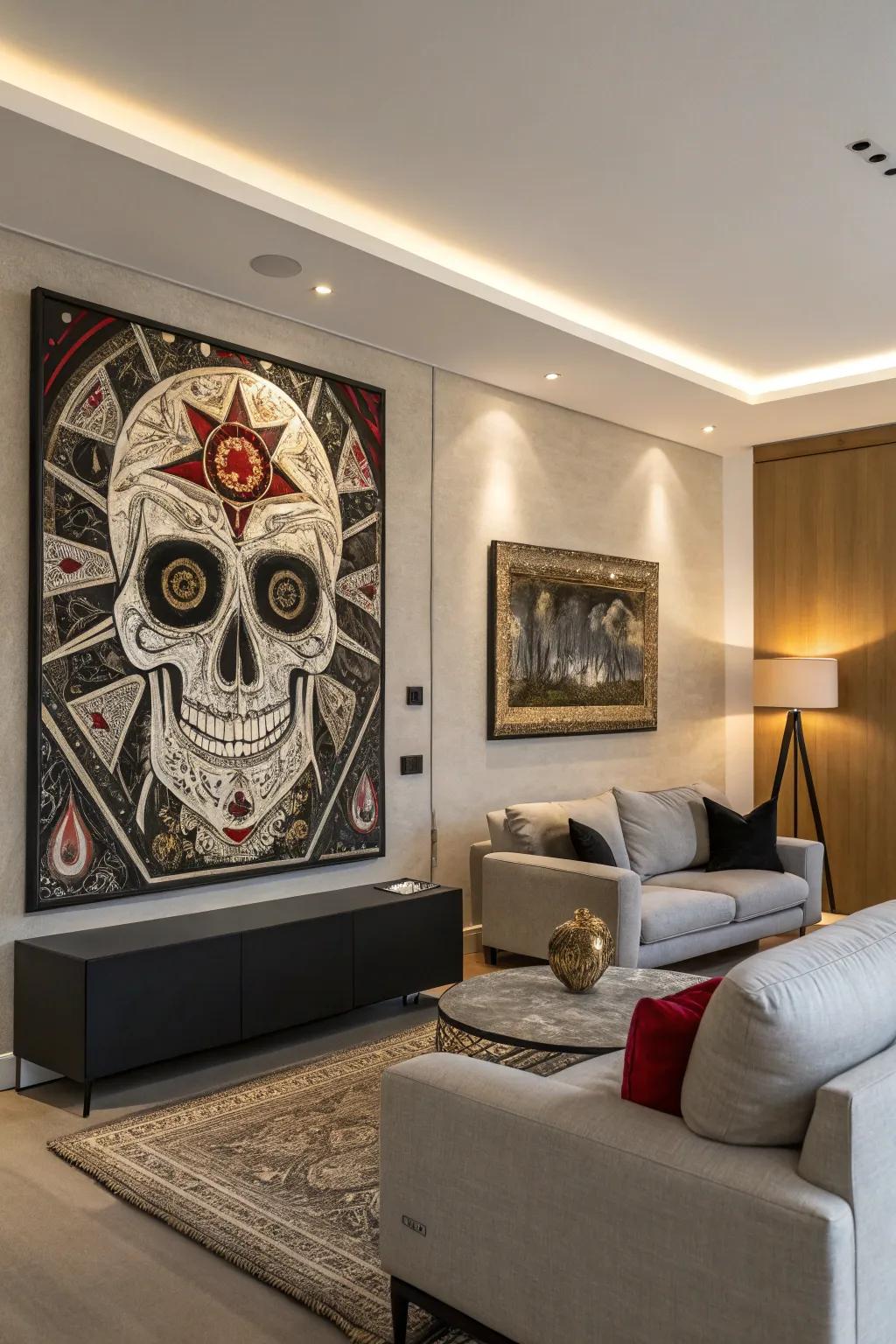 Striking components like skulls can transform your walls into a bold statement.