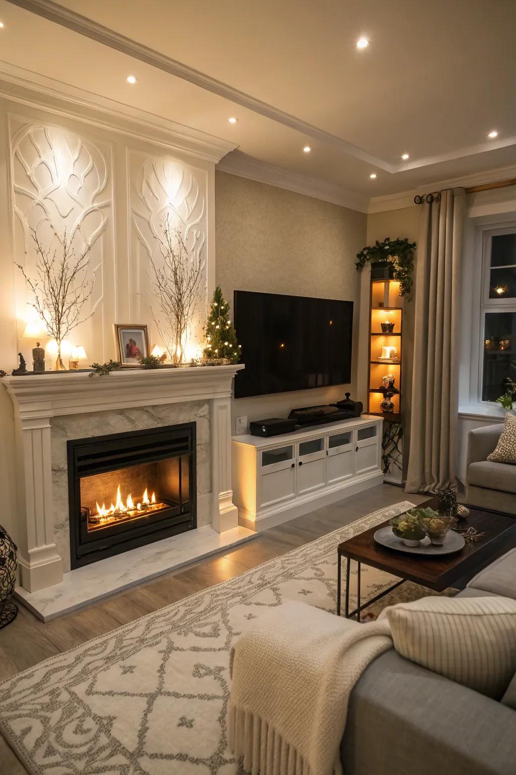 A seamless integration of fireplace and TV for a balanced and modern aesthetic.