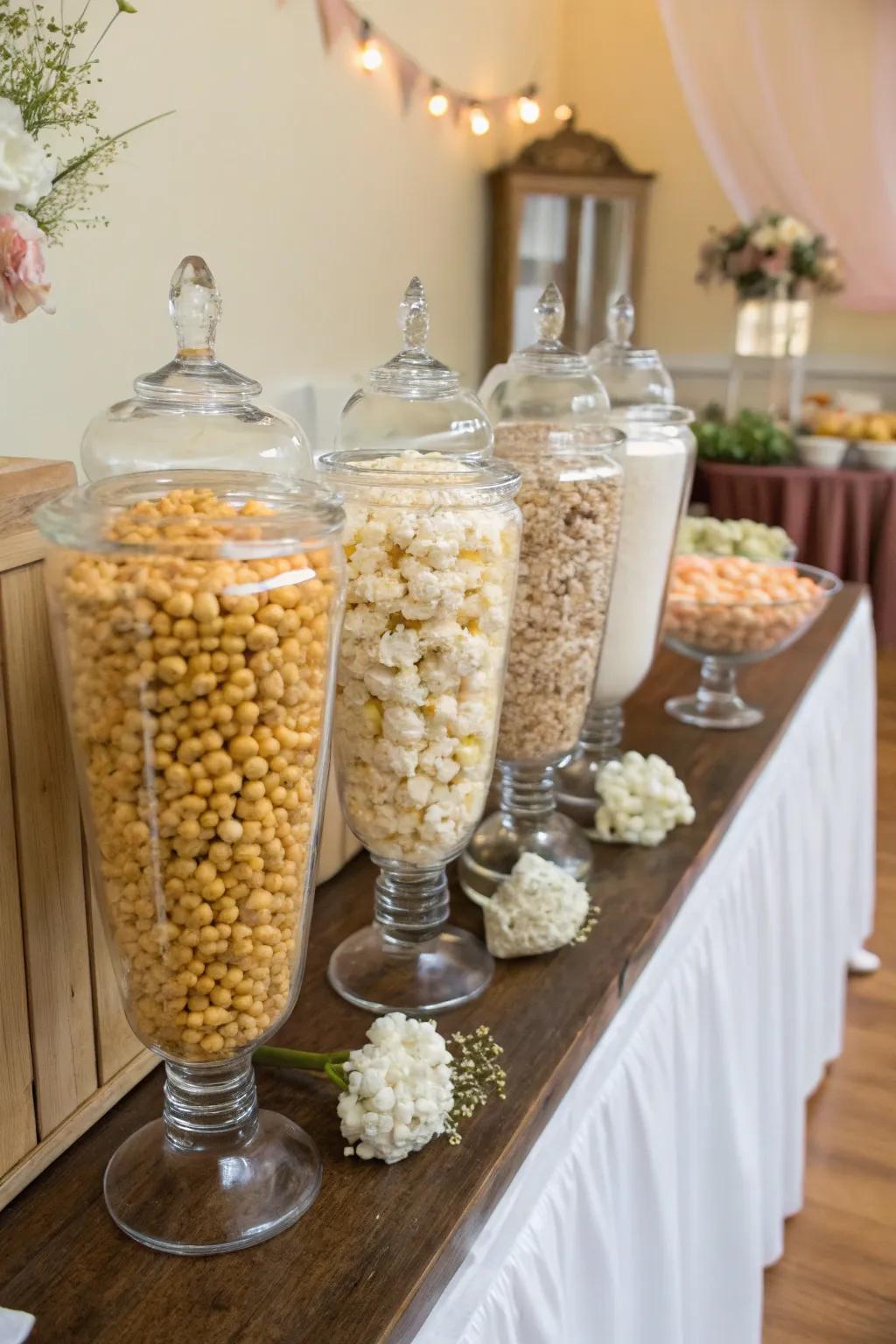 An assortment of gourmet popcorn flavors gracefully arranged in see-through containers.