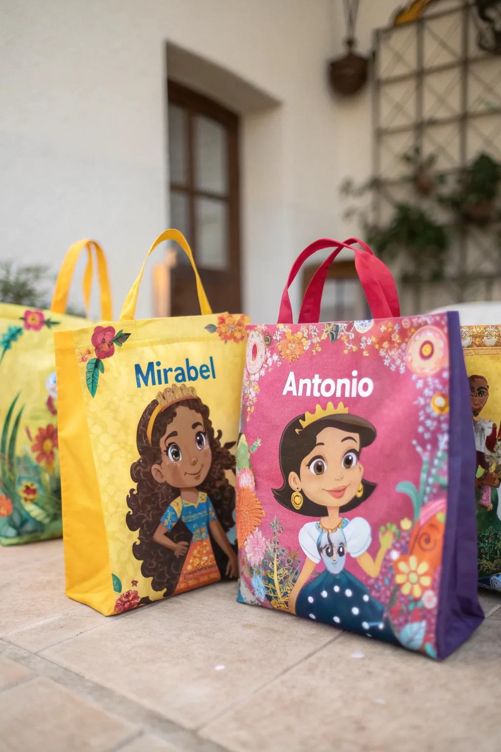 Personalized Encanto character bags with guest names.