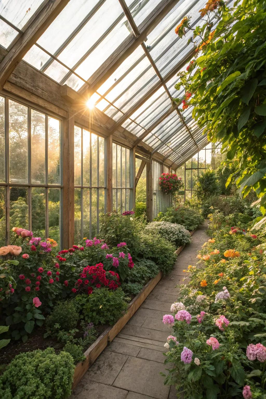 A cozy greenhouse retreat filled with vibrant life.