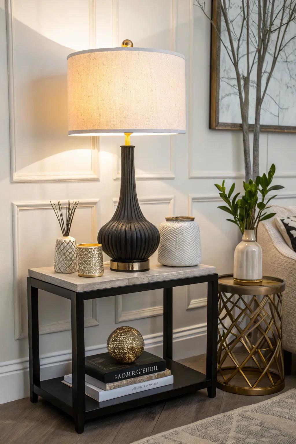 An end table with a bold lamp serving as the centerpiece.