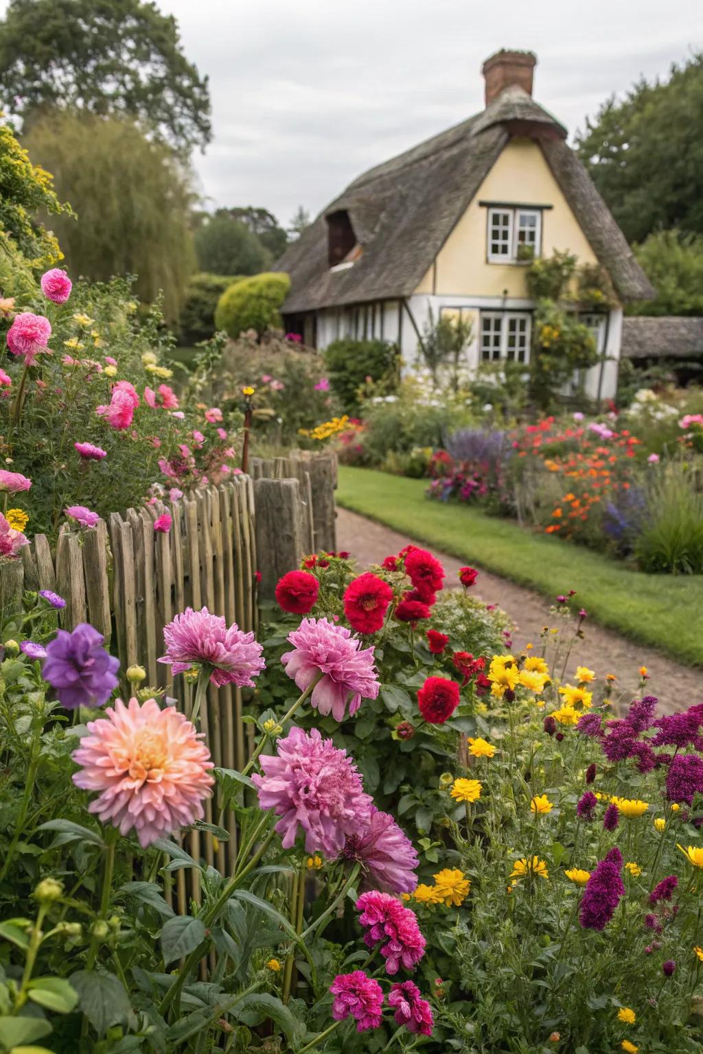 A cottage garden bursting with colorful blooms and lush greenery.