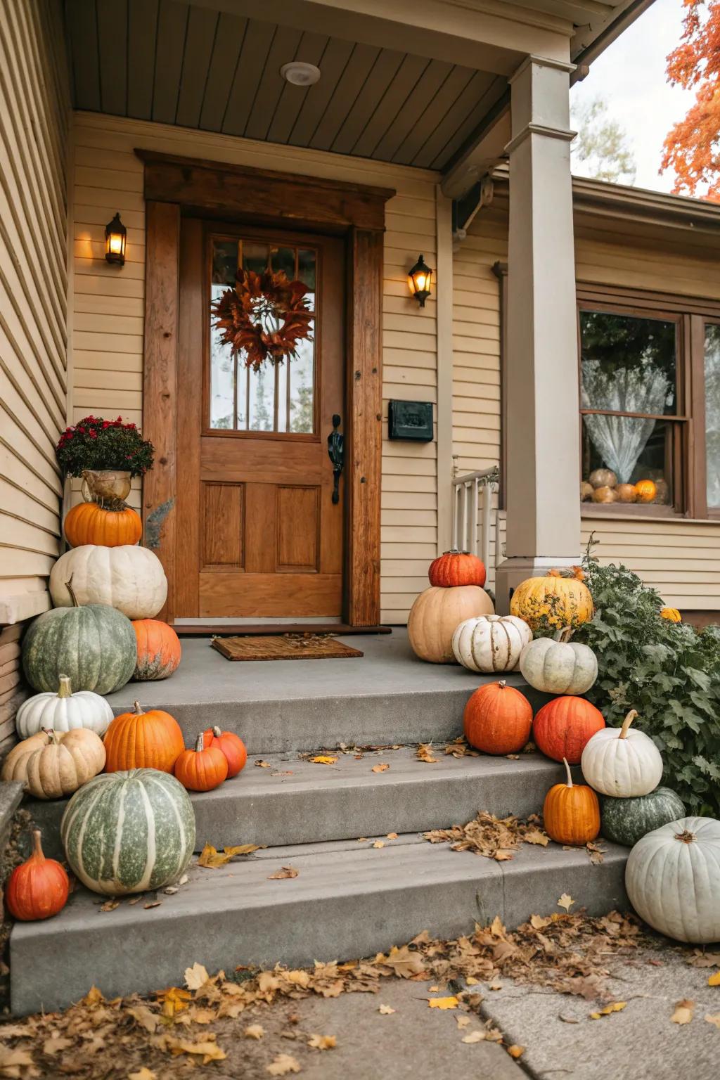 A delightful array of gourds in various colors cheerfully welcomes visitors.