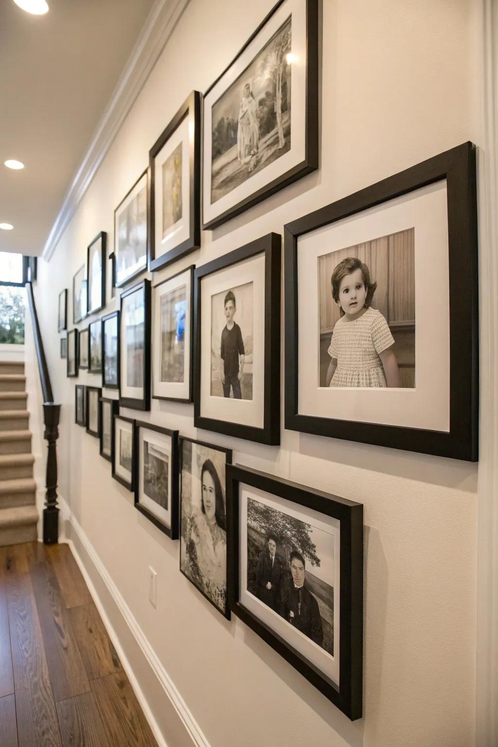 A timeless gallery wall with uniform frames adds elegance and charm.