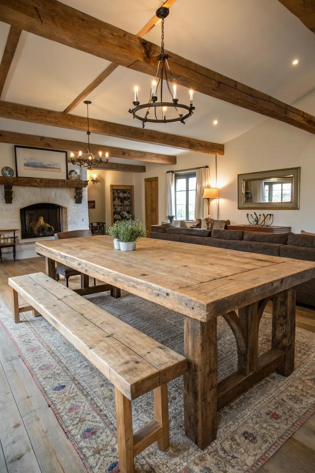 A reclaimed wood table anchors this farmhouse dining room with rustic allure.