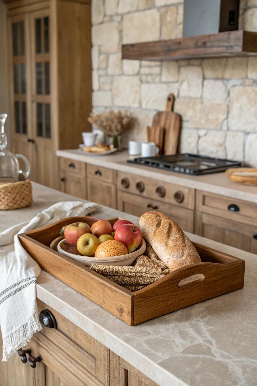 A wooden tray elegantly organizing kitchen essentials on a farmhouse counter.