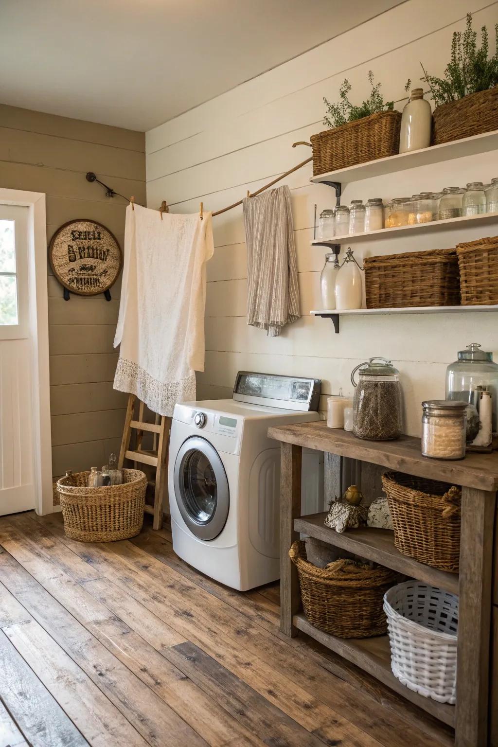 A serene laundry space featuring a neutral color palette and rustic decor accents.