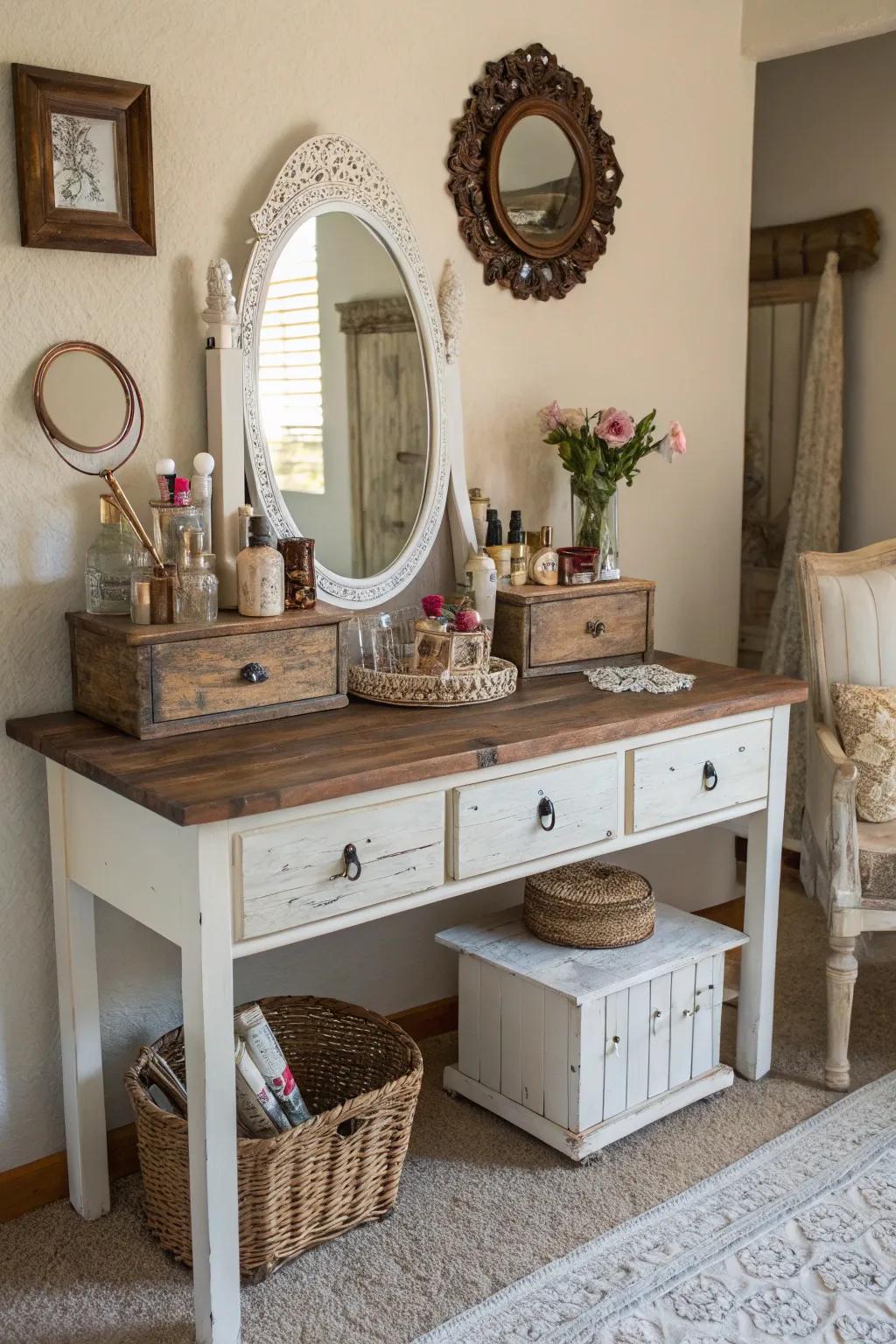 Reclaimed lumber contributes an element of history and warmth to your vanity ensemble.