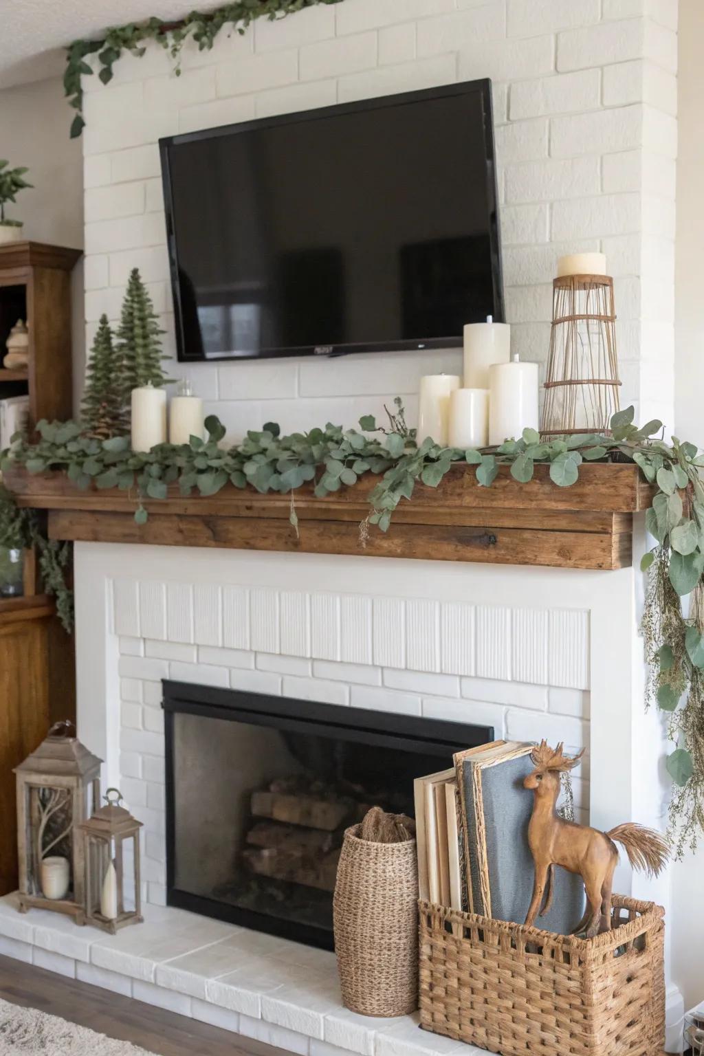 A farmhouse mantel elegantly decorated with lush greenery and rustic accents.