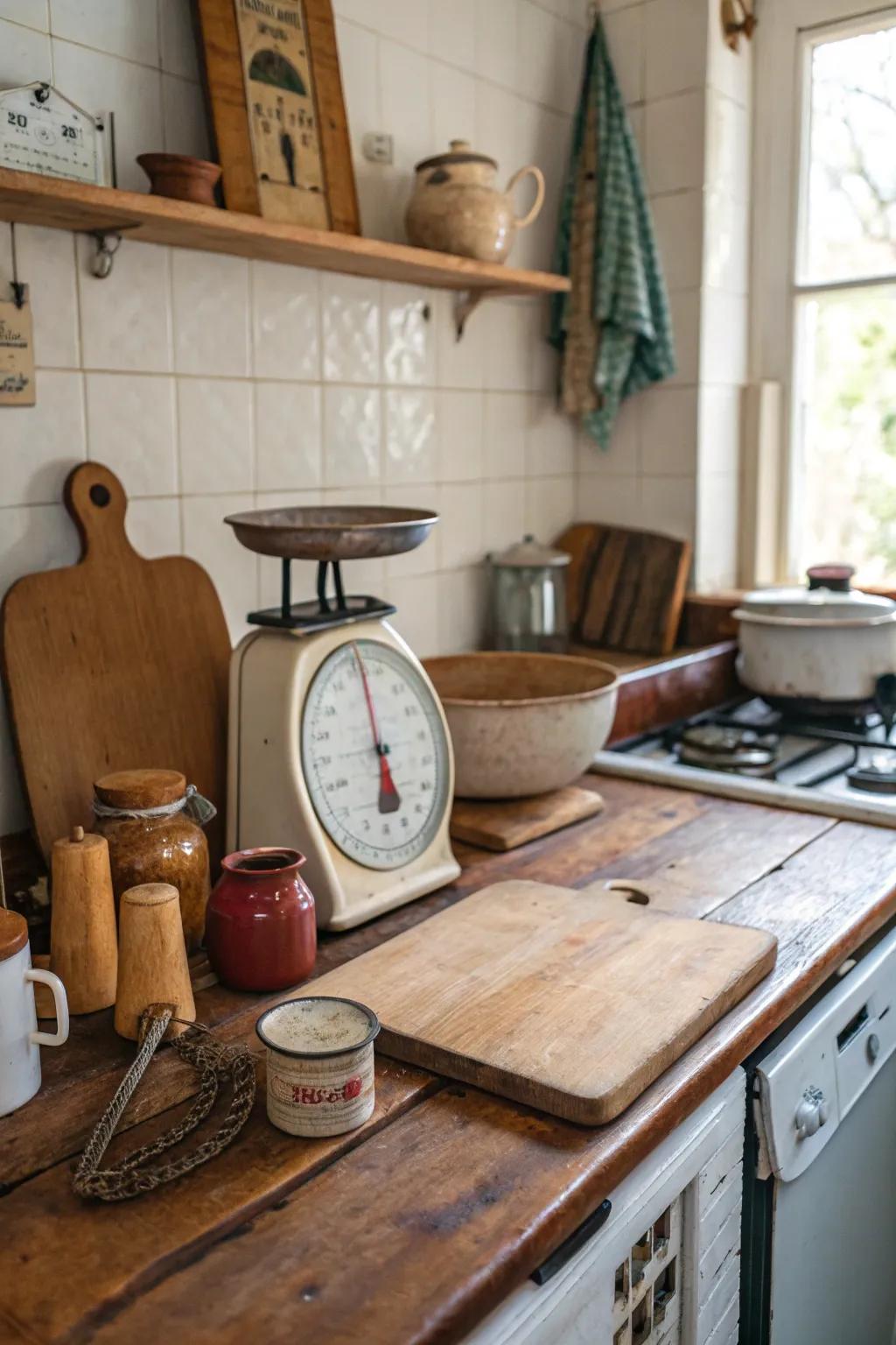 A vintage scale as the centerpiece of a charming kitchen counter.