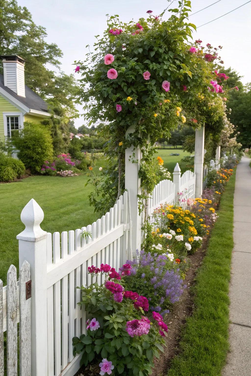 A classic white picket fence enhanced with vibrant flowers.