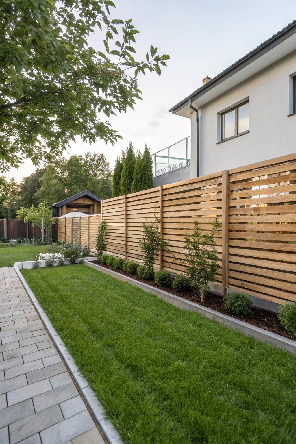 Horizontal wood slats bring a streamlined and up-to-date feel to your yard.