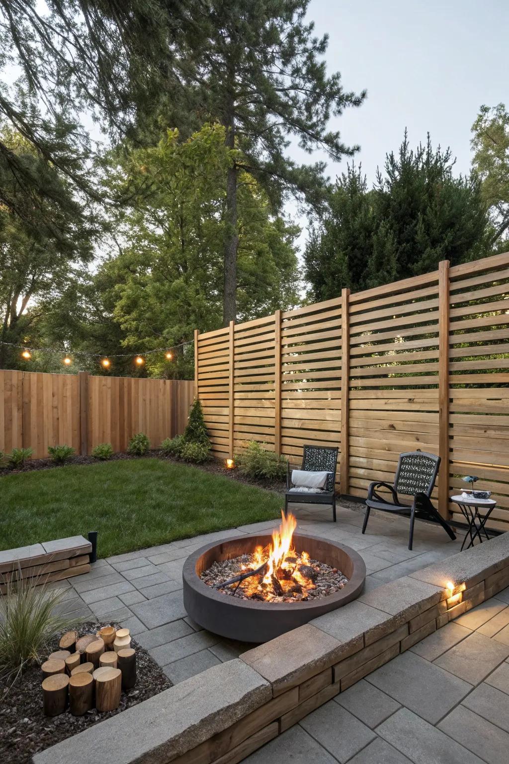 Wooden slat fencing offers a modern touch while ensuring privacy around your fire pit.