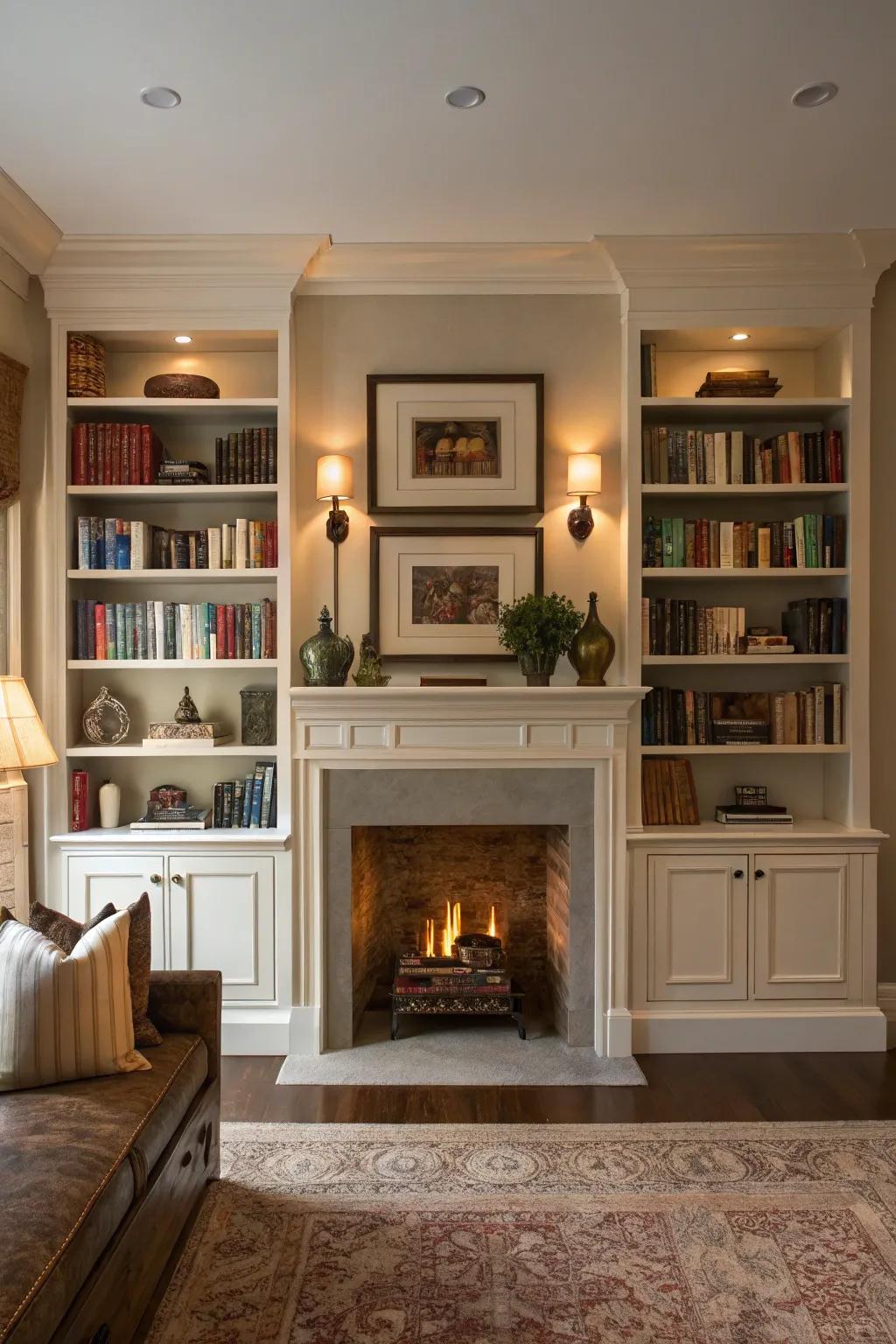 A living room showcasing a fireplace adorned with symmetrical shelving, providing a perfect platform for displaying books and elegant decor.