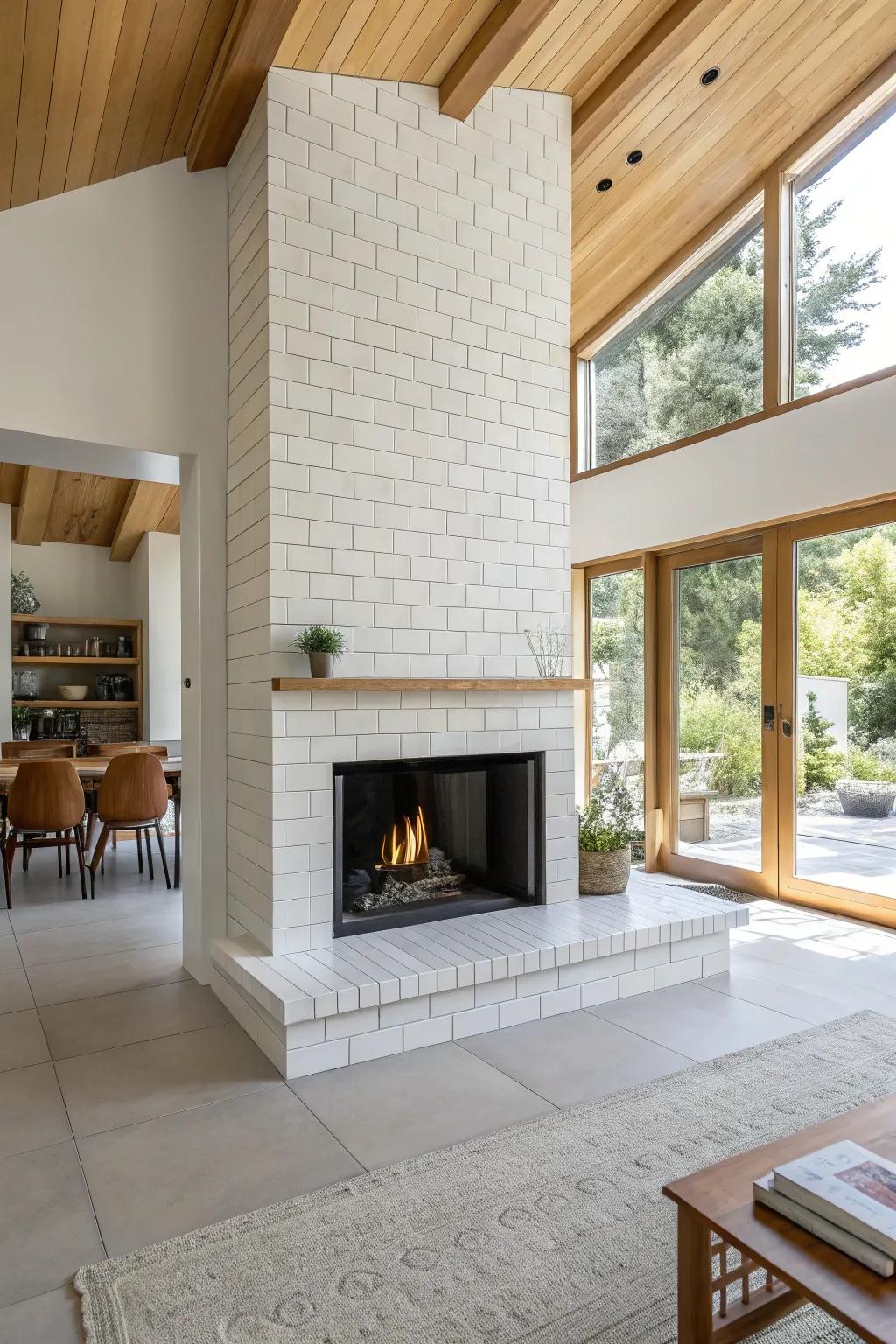 A minimalist fireplace with sleek white tiles in a contemporary living space.