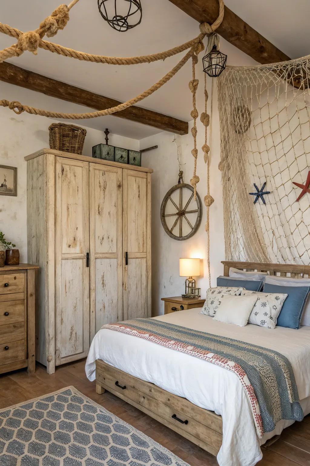 Rustic wood furniture brings a genuine feel to your fishing-themed room.